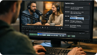 Busy office with multiple cubicles where employees work on computers, some wearing headsets and orange lanyards.