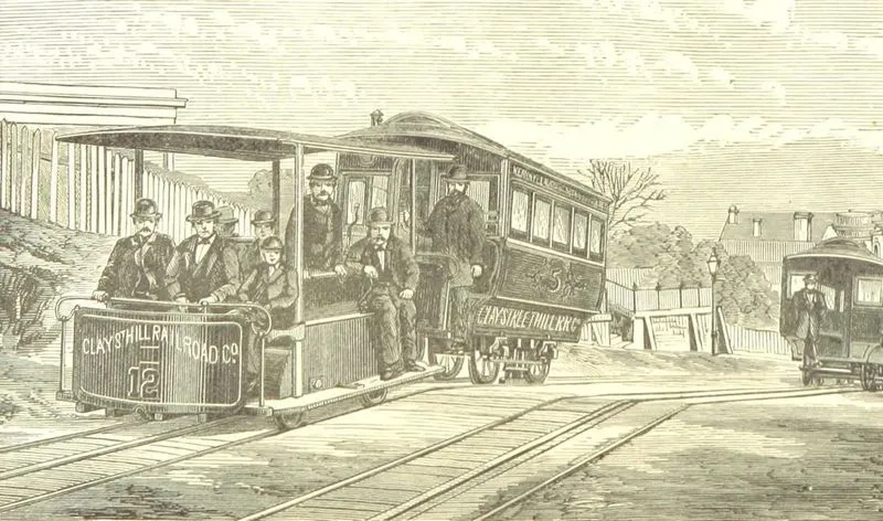 Early cable cars of the Clay Street Hill Railroad in San Francisco, the world’s first practical cable car system.