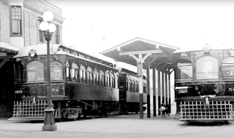 Two interurban trolleys at a Snohomish County station, showing early 20th-century electric rail transit.