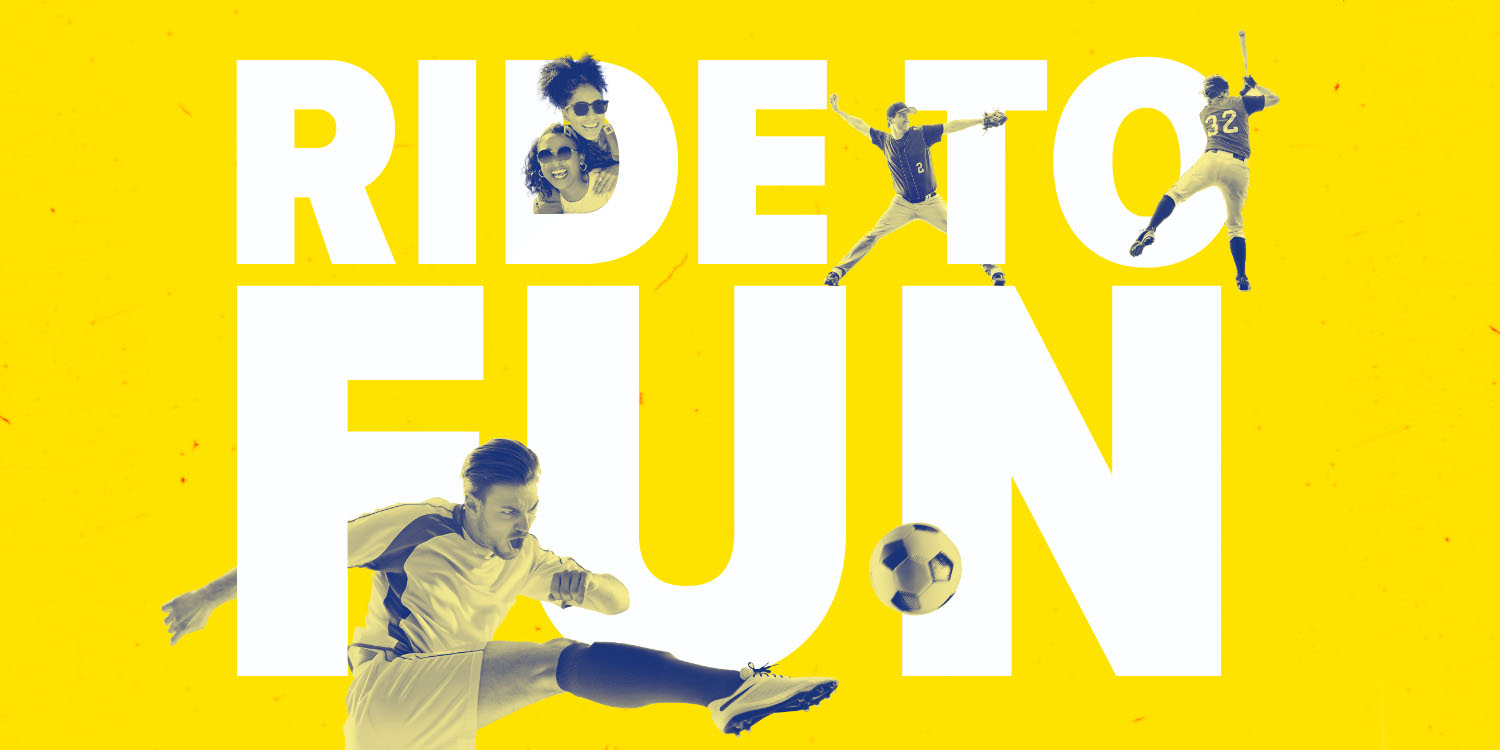 Ride to Fun text with a soccer player and baseball players among the letters