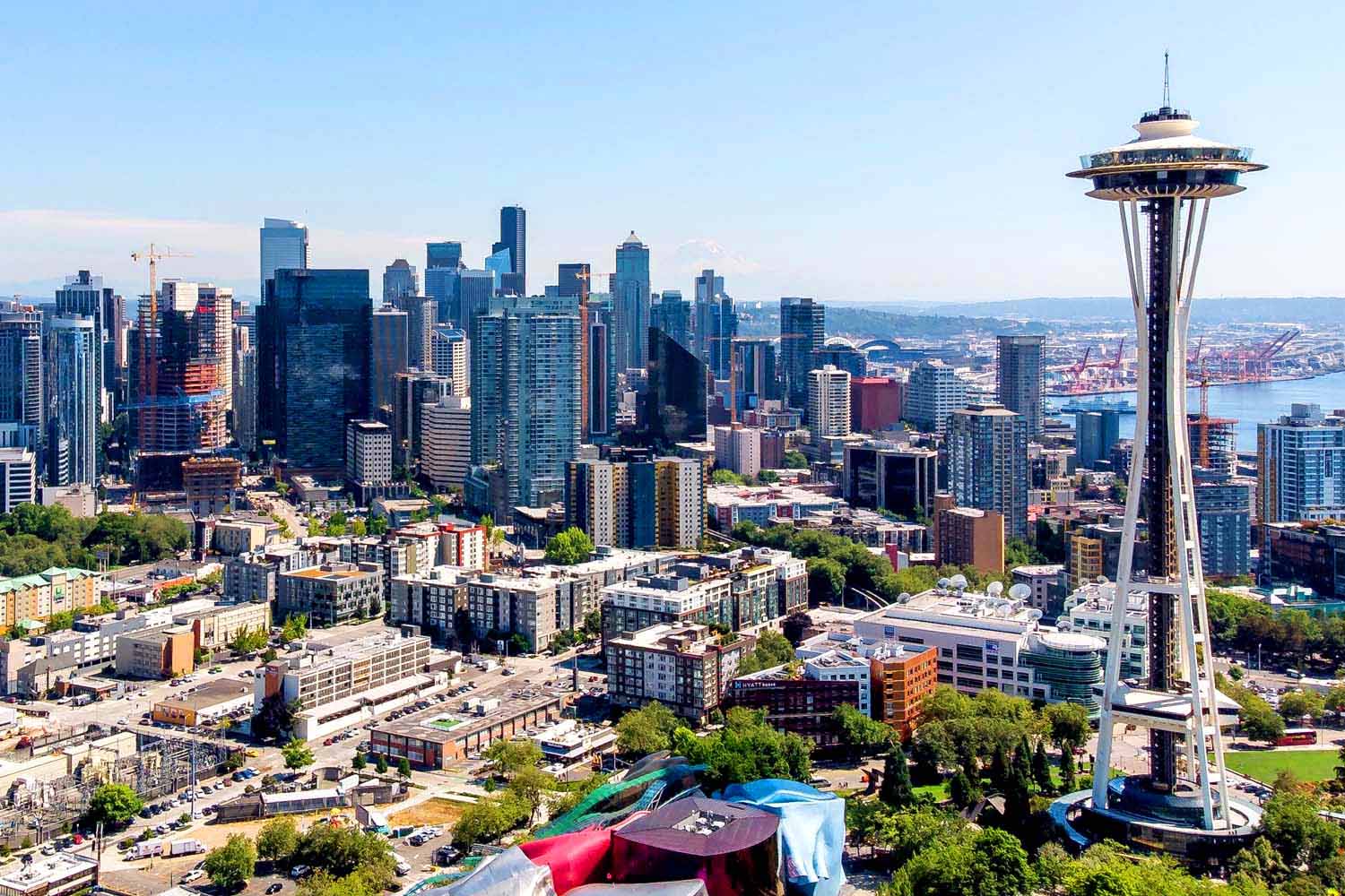 a view of the Seattle skyline with the Space Needle and Seattle Center in the foreground