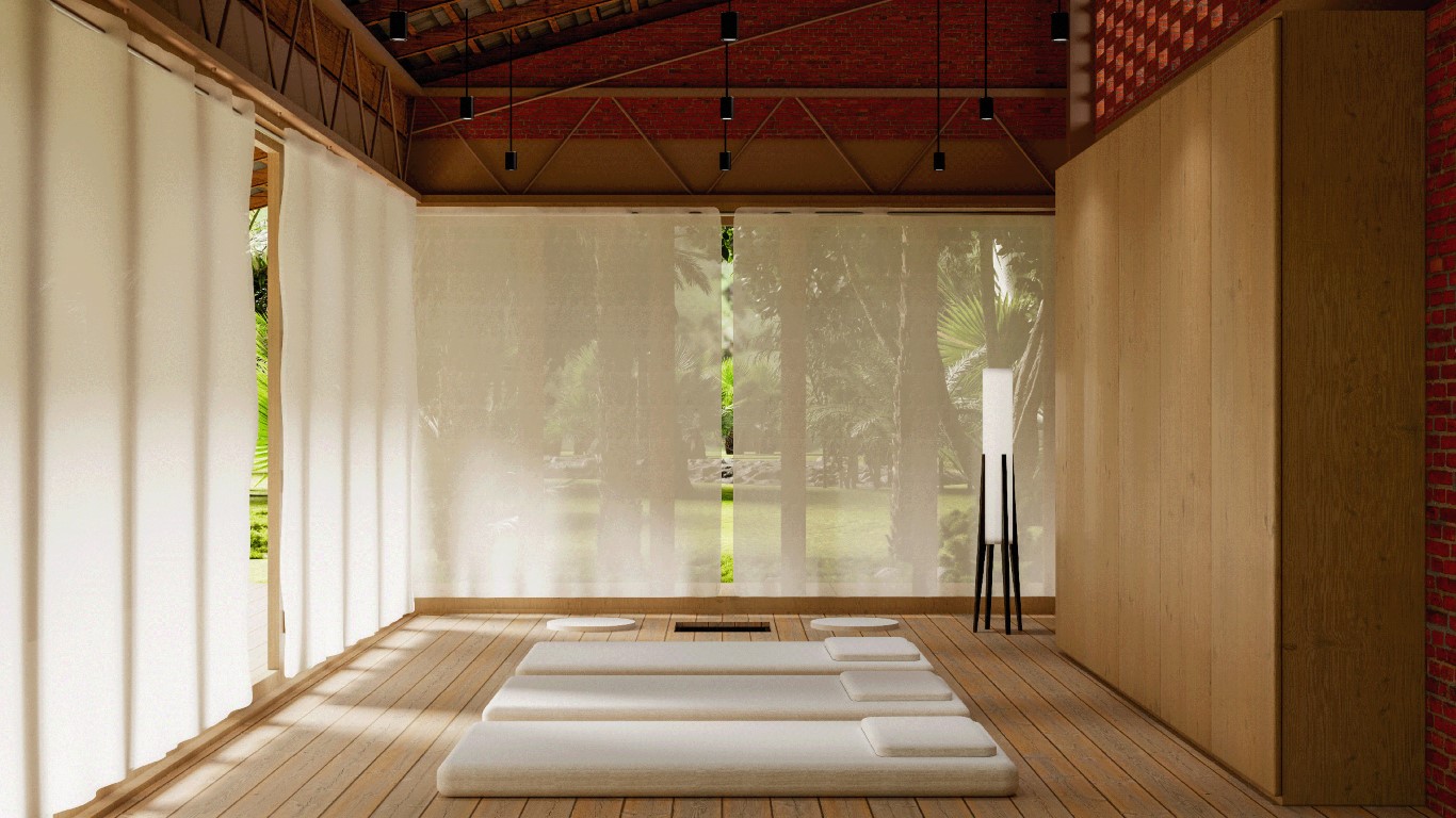 Wellness pavilion with floor mats, timber screens and garden light