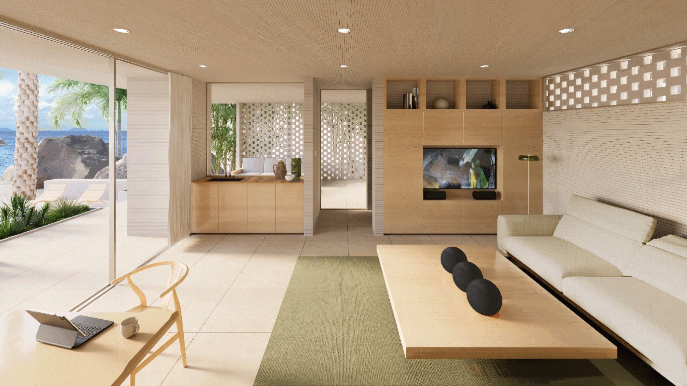 Light-filled villa living room with timber joinery and garden views
