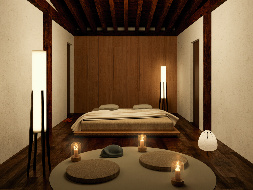 Candle-lit wellness retreat bedroom with timber ceiling beams, designed by LaNa West