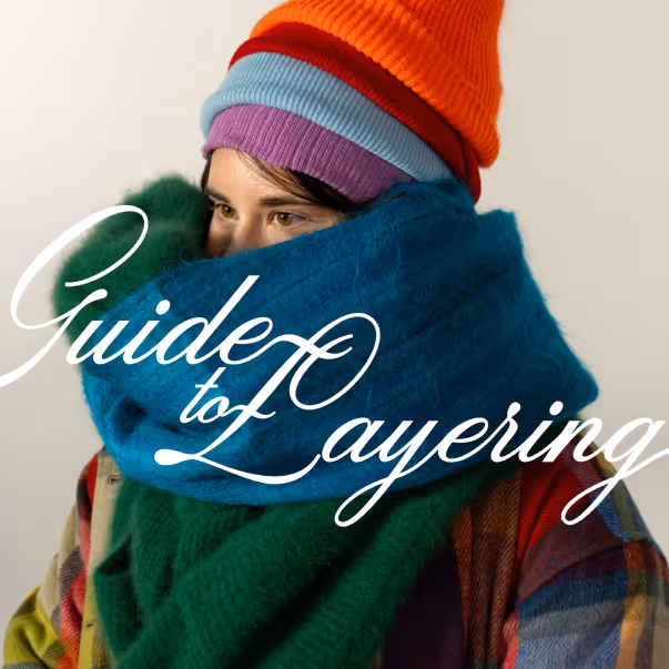 A woman wearing several layers of hats, scarves, and jackets. The words "Guide to Layering" appear over her image in a decorative script font. 
