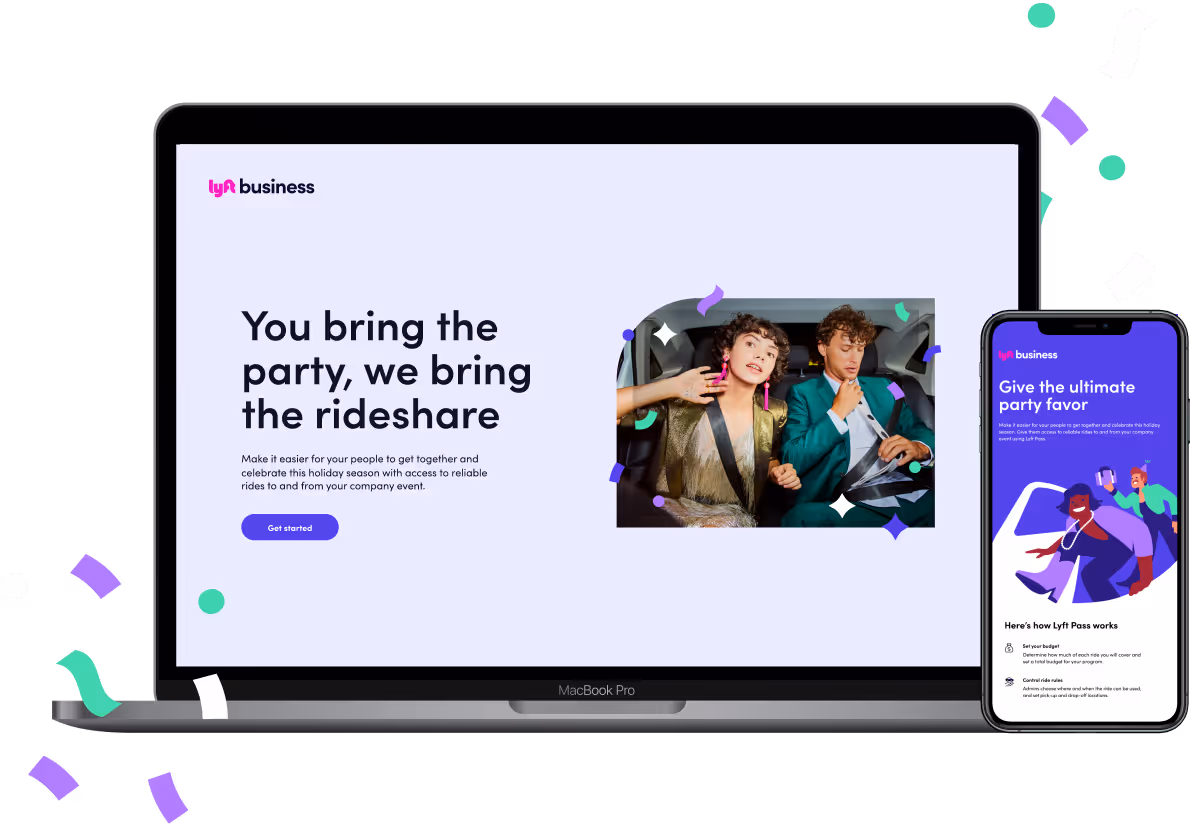 Website and email design for Lyft promoting their holiday campaign. The designs feature vibrant illustrations of people celebrating New Years Eve.
