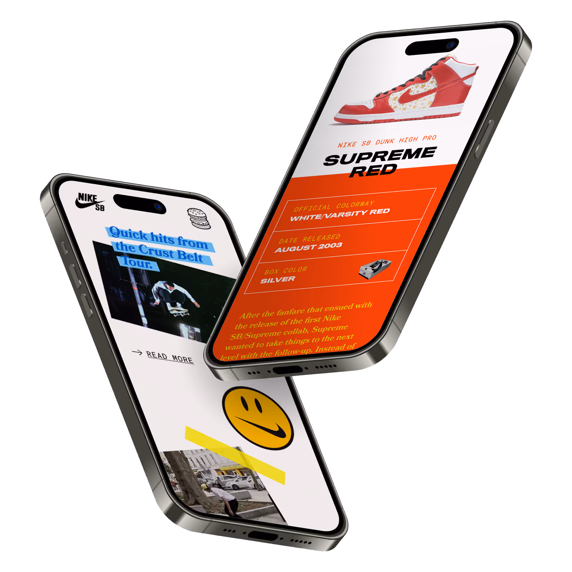 Two mobile phones displaying the website design for Nike SB. The screen show images and link to stories about skating, and images of shoes released by Nike SB. 