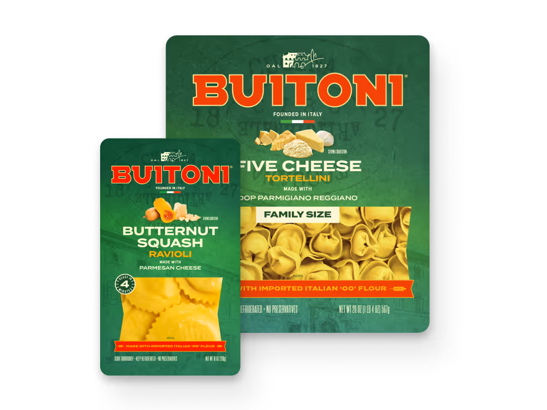 Front of pack design for two Buitoni products: Butternut Squash Ravioli and a family sized Five Cheese Tortellini. 