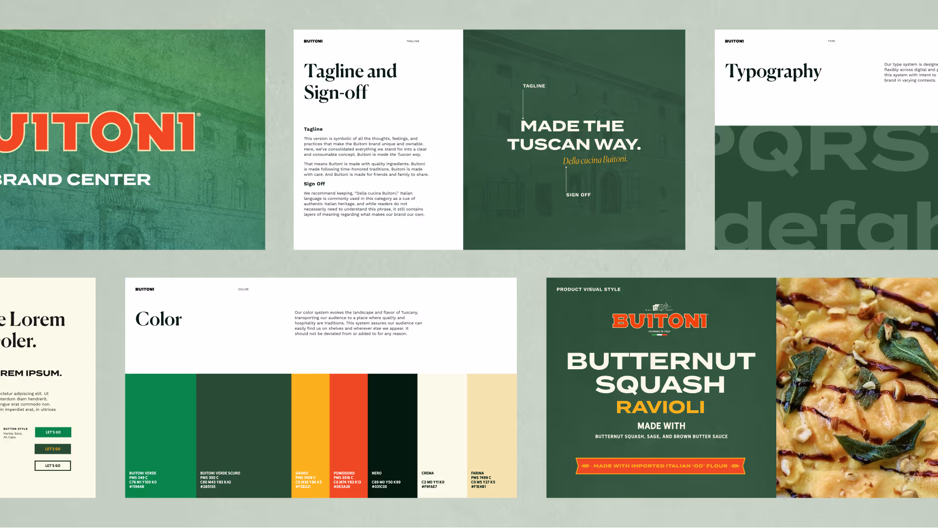 A grid of pages from the Buitoni Brand guide staggered in two rows against a light green background.