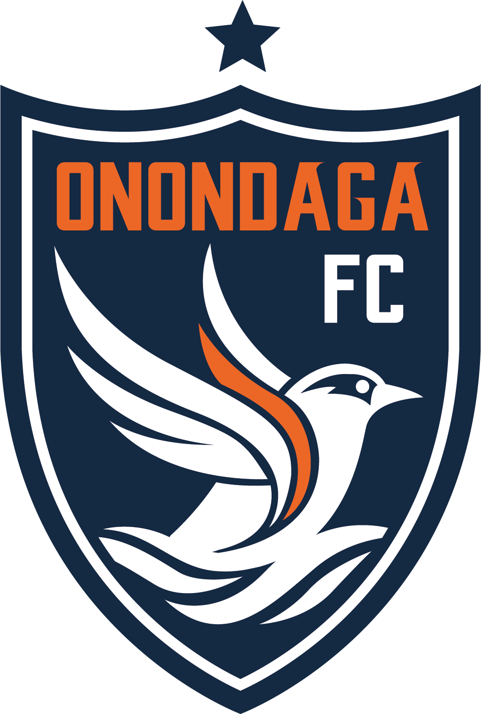 Onondaga FC soccer team logo featuring a stylized white bird with orange accents on a navy shield with a star above.