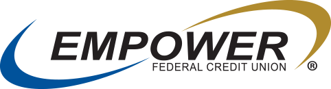 Empower Federal Credit Union logo with blue swoosh on left and gold swoosh on top right