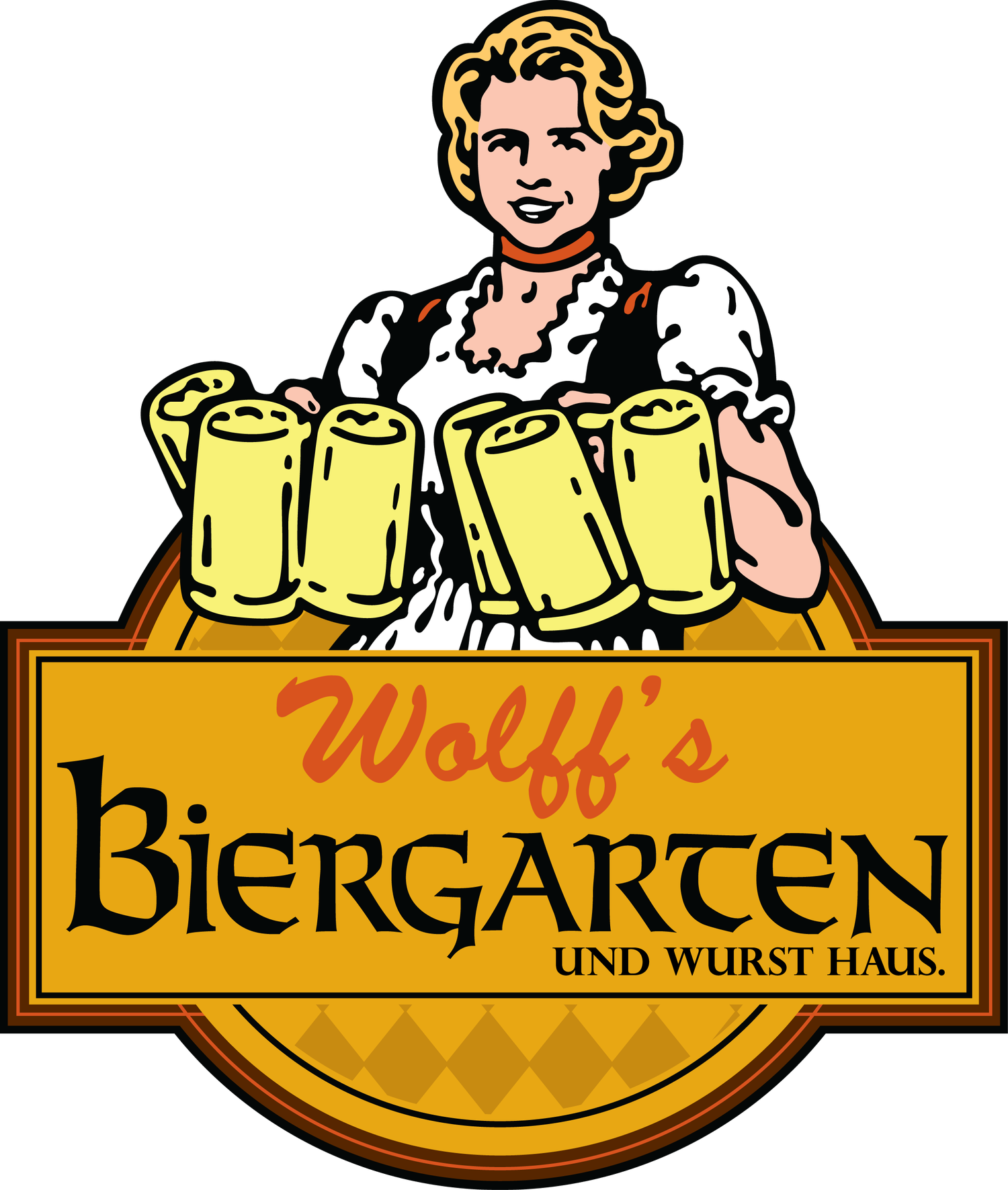 Logo featuring a smiling woman in traditional Bavarian dress holding four large beer mugs above the text 'Wolff's Biergarten und Wurst Haus.'