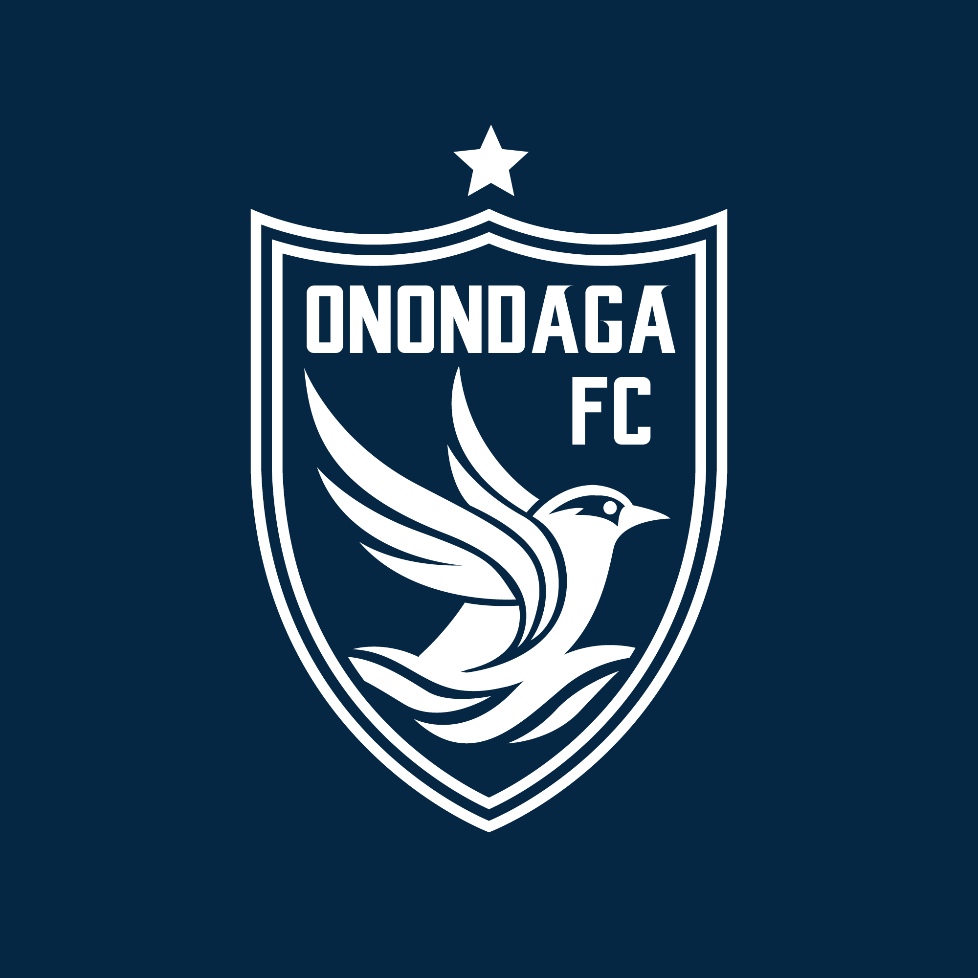 Onondaga FC soccer team logo featuring a stylized bird in flight within a shield and a star above.