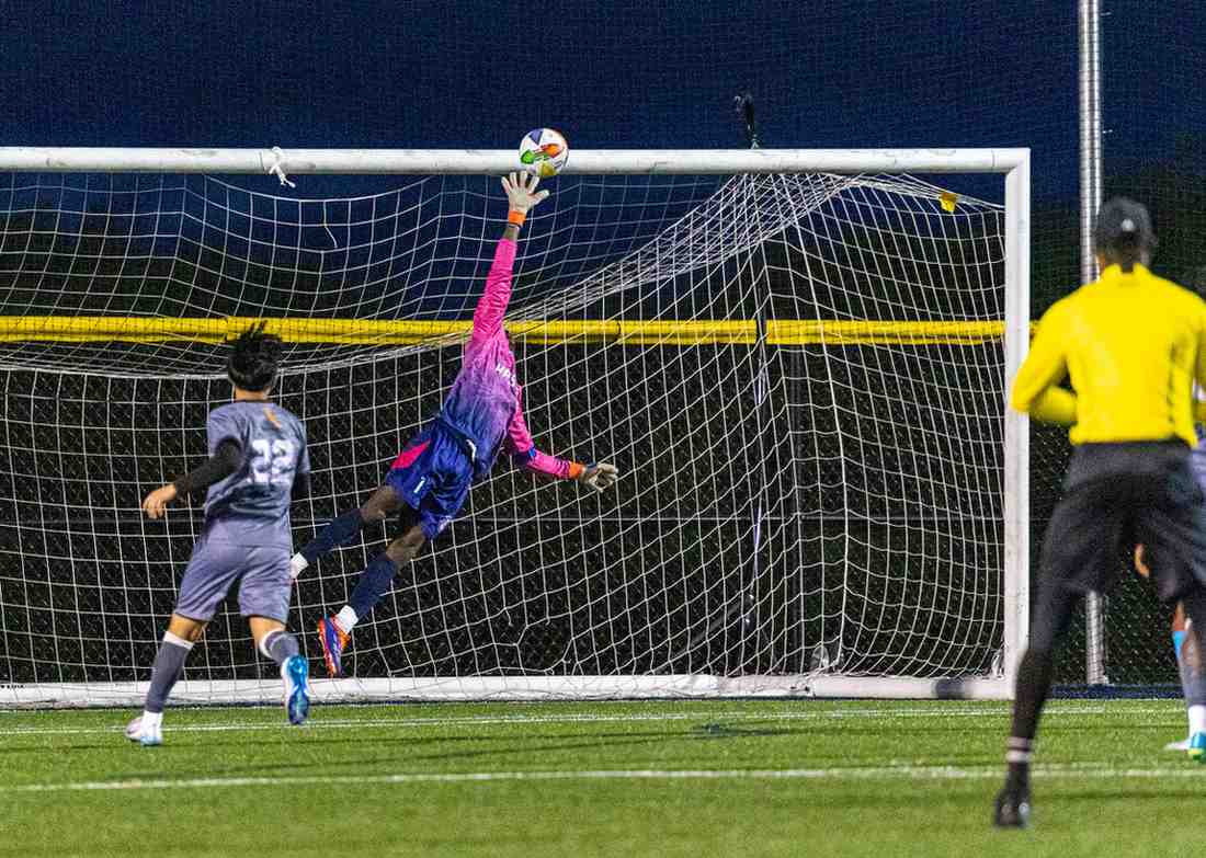 Soccer goalkeeper in pink and blue uniform diving to save a ball near the goalpost during a night match.
