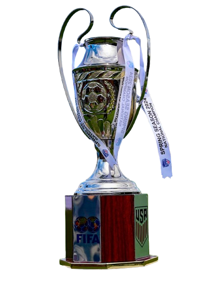 Silver trophy cup with ribbons and a base featuring FIFA and USA logos.