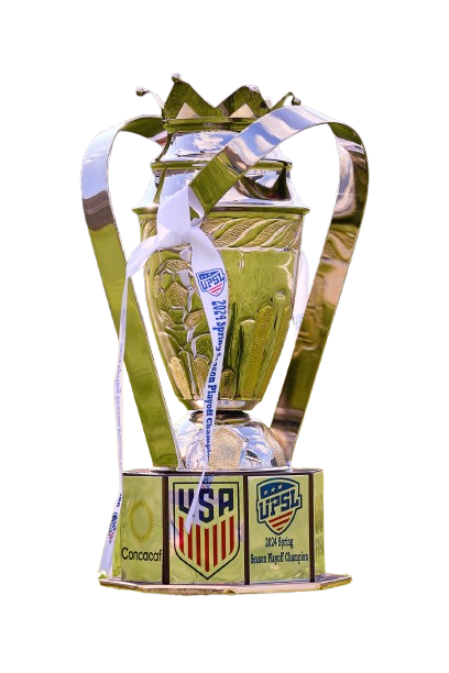 2024 Spring USASA Ranch Cup Champion trophy with gold and silver design and white ribbon.