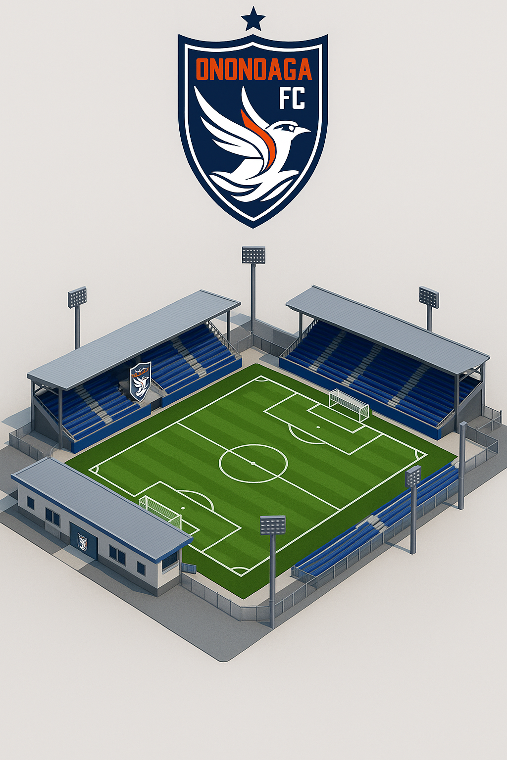 3D rendering of a soccer stadium with blue stands, floodlights, and the Ononoaga FC logo featuring a stylized bird above.