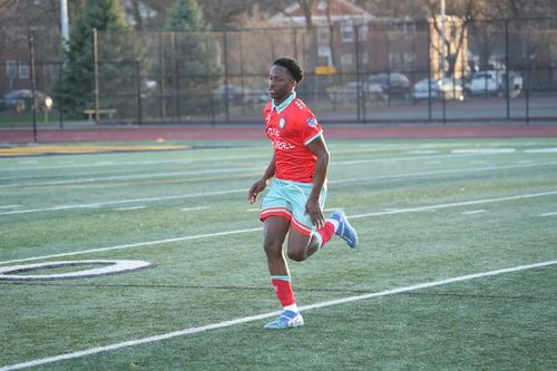 Soccer player in red and light blue uniform running on a green artificial turf field.