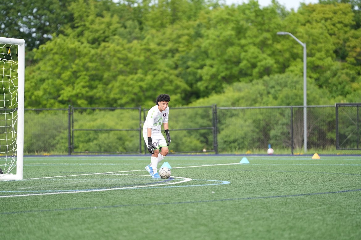 Soccer goalkeeper in white uniform and gloves preparing to kick a ball on a green field near the goal.
