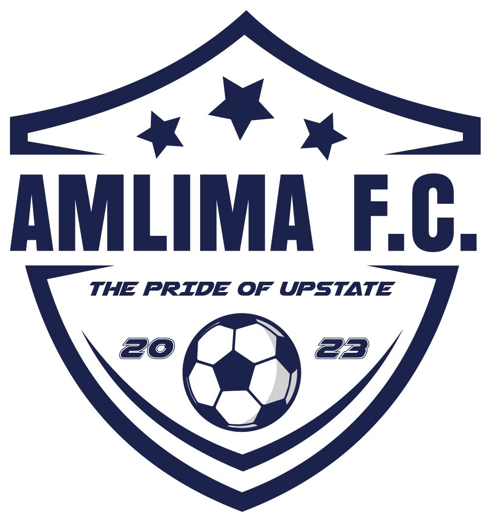 Shield-shaped logo of Amlima F.C. with three stars, a soccer ball, and the text 'The Pride of Upstate 2023'.