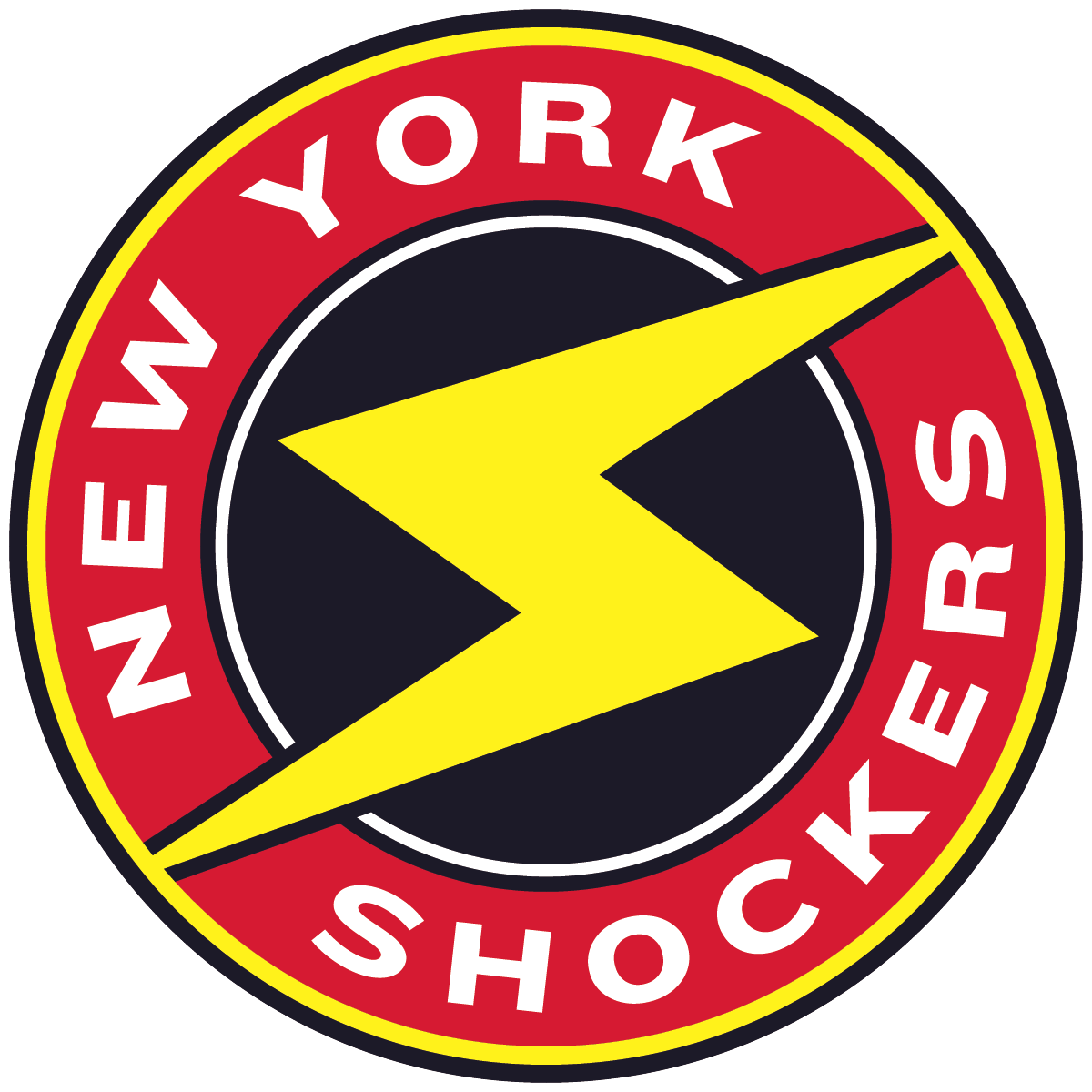 New York Shockers logo with a yellow lightning bolt inside a black circle and red outer ring with white text.
