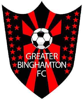 Soccer club crest with black and red rays, a central soccer ball, surrounded by red stars, and text 'GREATER BINGHAMTON FC'.