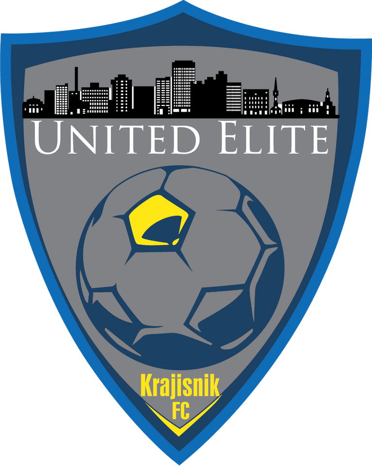 Shield-shaped logo with a city skyline silhouette, a stylized soccer ball, and text reading 'United Elite' and 'Krajisnik FC' in yellow and white.