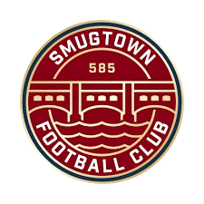 Smugtown Football Club logo featuring a bridge over wavy water with number 585, in maroon and gold colors.