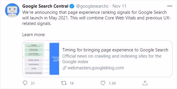 google core web vitals announcement may 2021