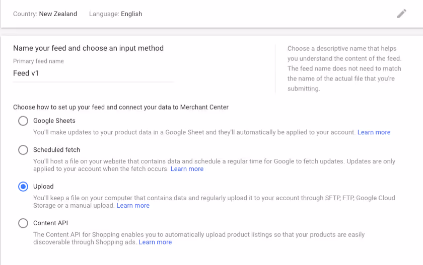 Product feed upload methods