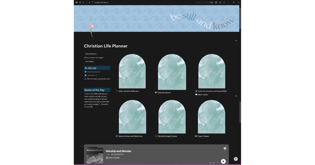 Homepage of the Notion Christian life planner, highlighting all the pages found in the template and the attached faith playlist.