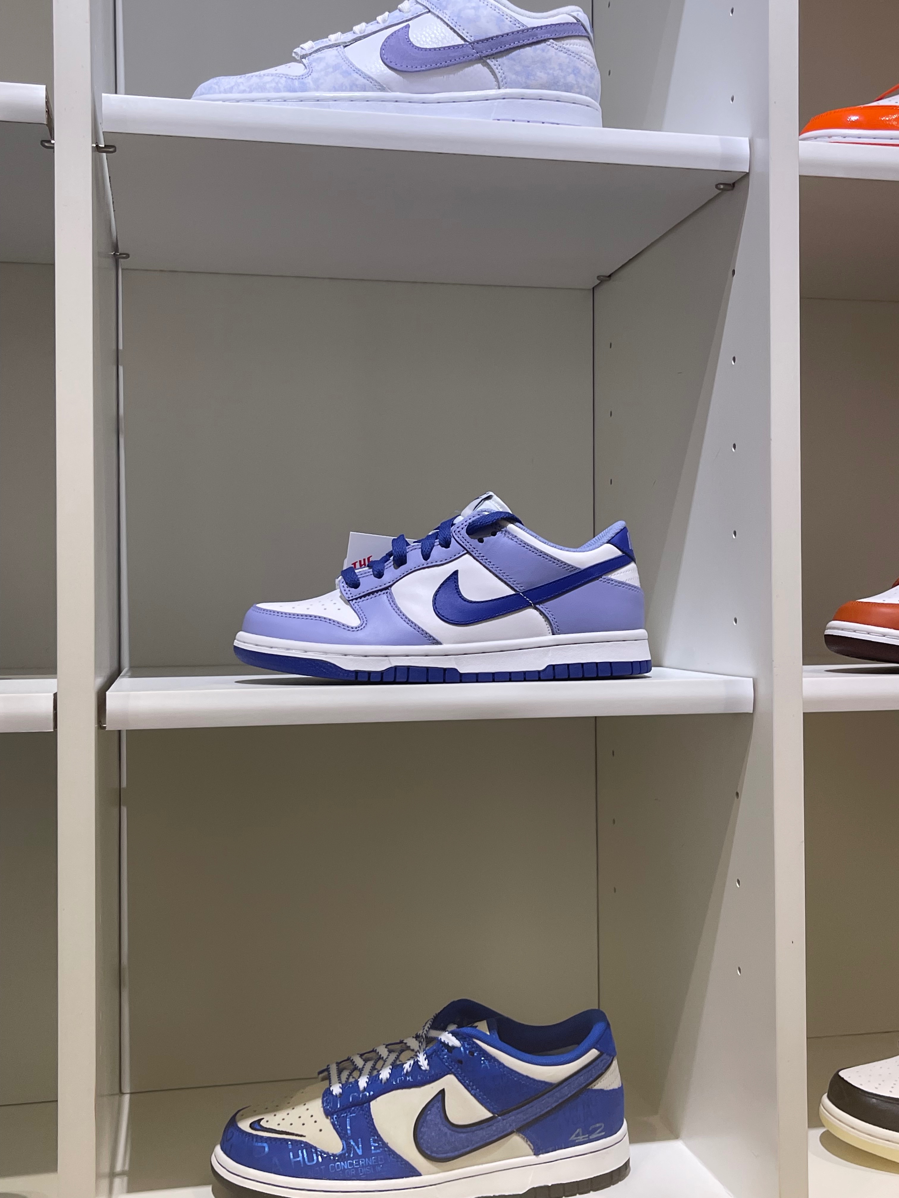 Blue and purple Nike sneakers sitting on shelf.