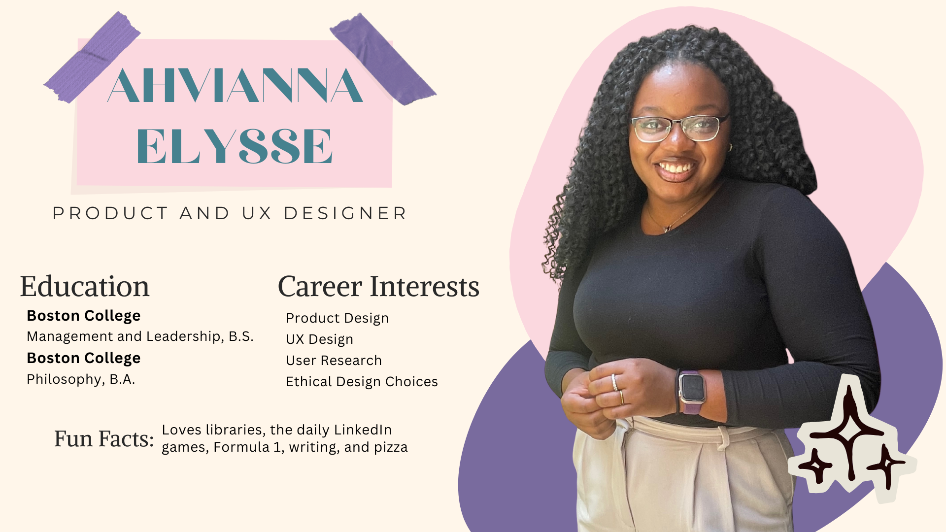 A slide detailing Ahvianna's education, career, and fun facts.