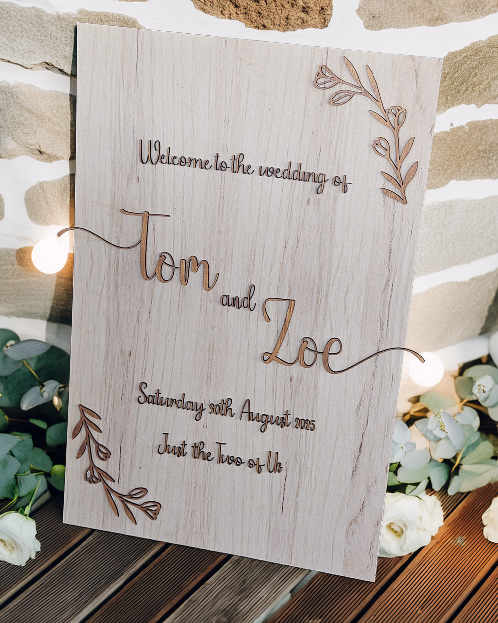 A large 3d wooden welcome sign for a wedding.