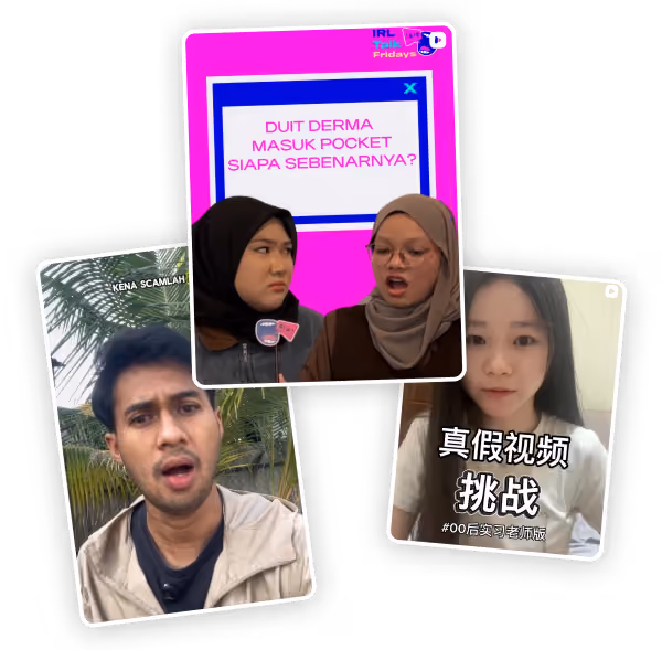 Three video frames showing diverse people speaking, with text in Malay and Chinese about money and challenges.
