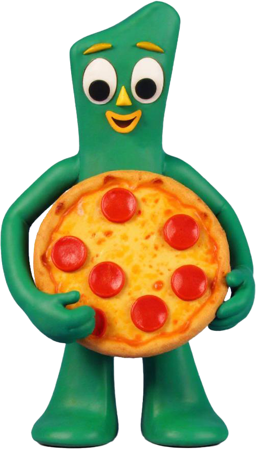 An image of the character Gumby holding a pepperoni pizza.