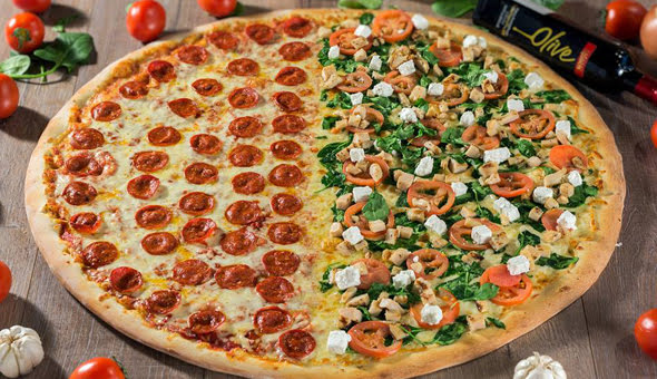 An image of a 20 inch pizza with half pepperoni and half veggies