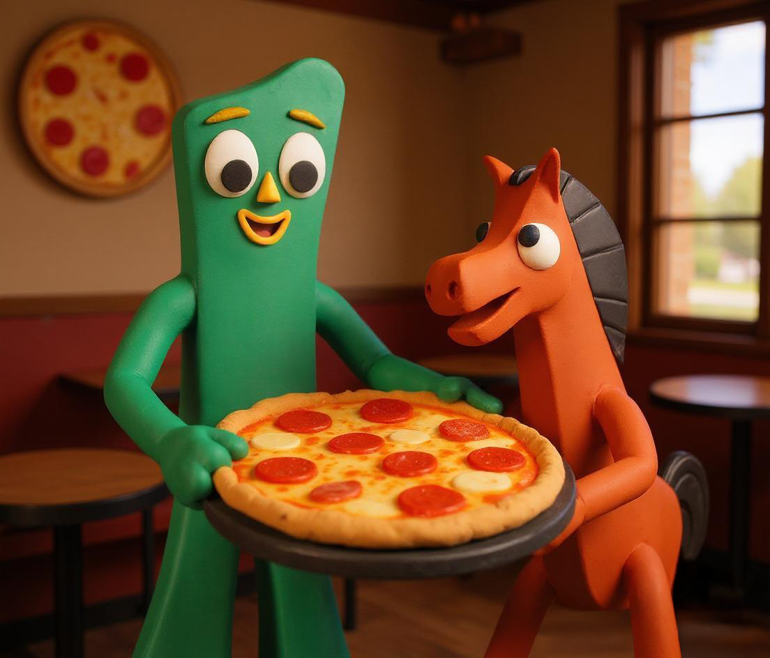 The classic characters Gumby and Pokey holding a pizza in a pizza shop. Claymation style. 