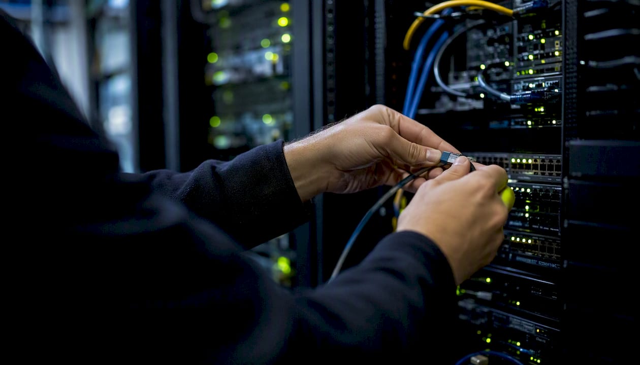 Technician plugging network cable into server rack