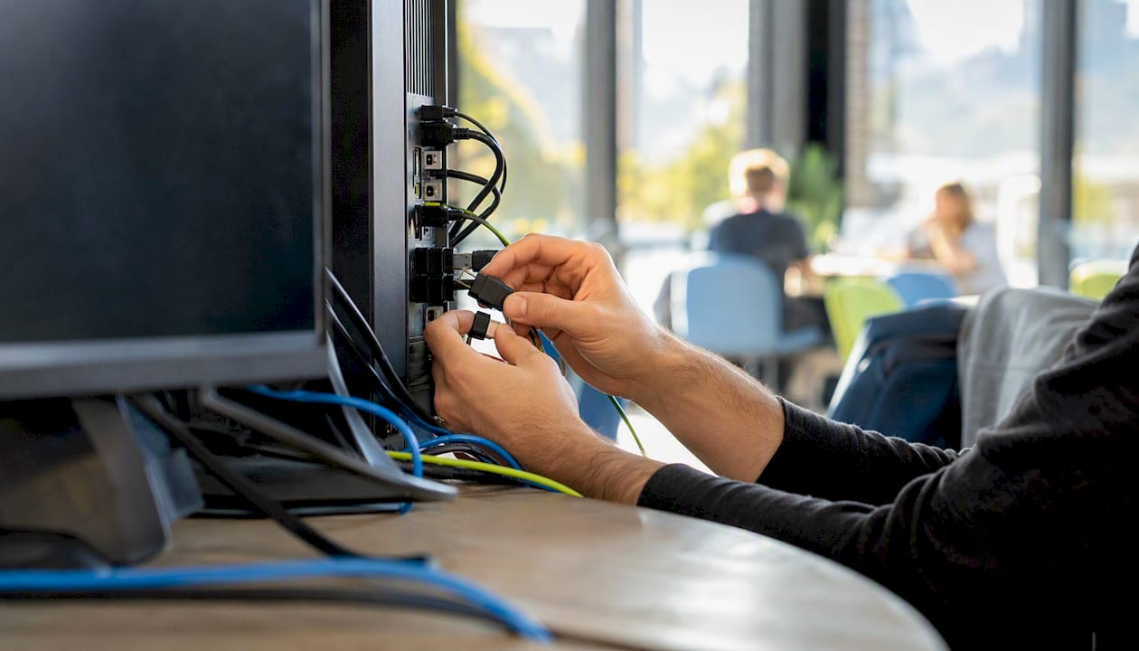 Hands connecting data cables in tech workspace