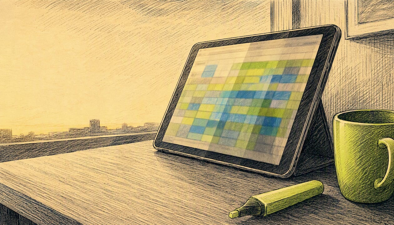 Workspace with pricing charts and tablet