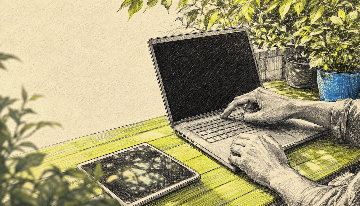 Hands exporting analytics data on laptop keyboard