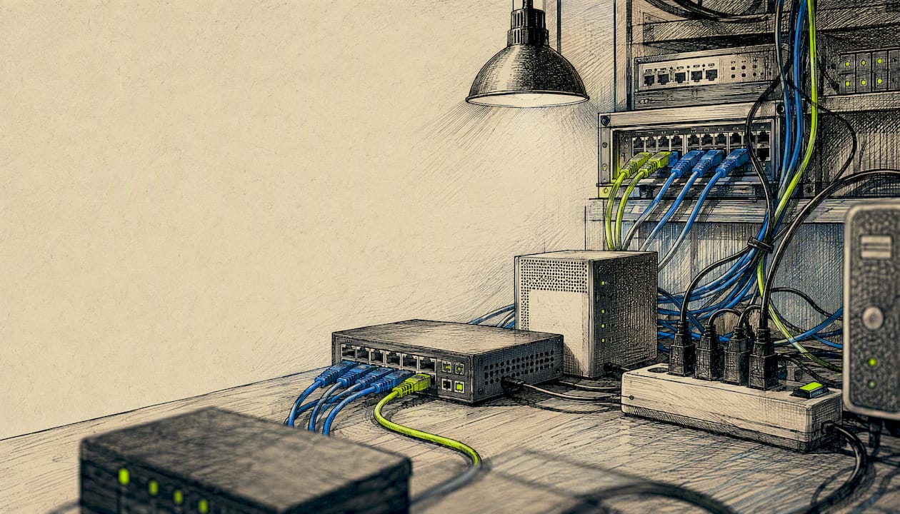 Network hardware and cables in tech workspace