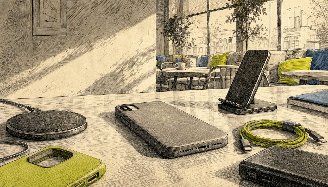 Mobile device accessories on desk in modern office