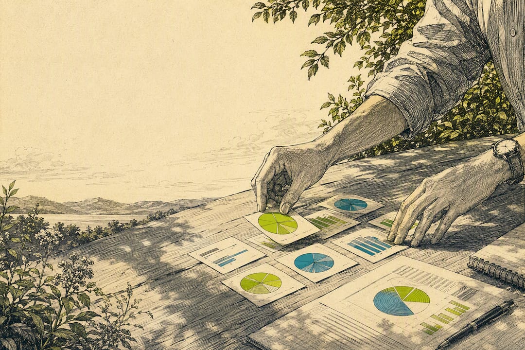 Hands sorting customer segment charts on desk