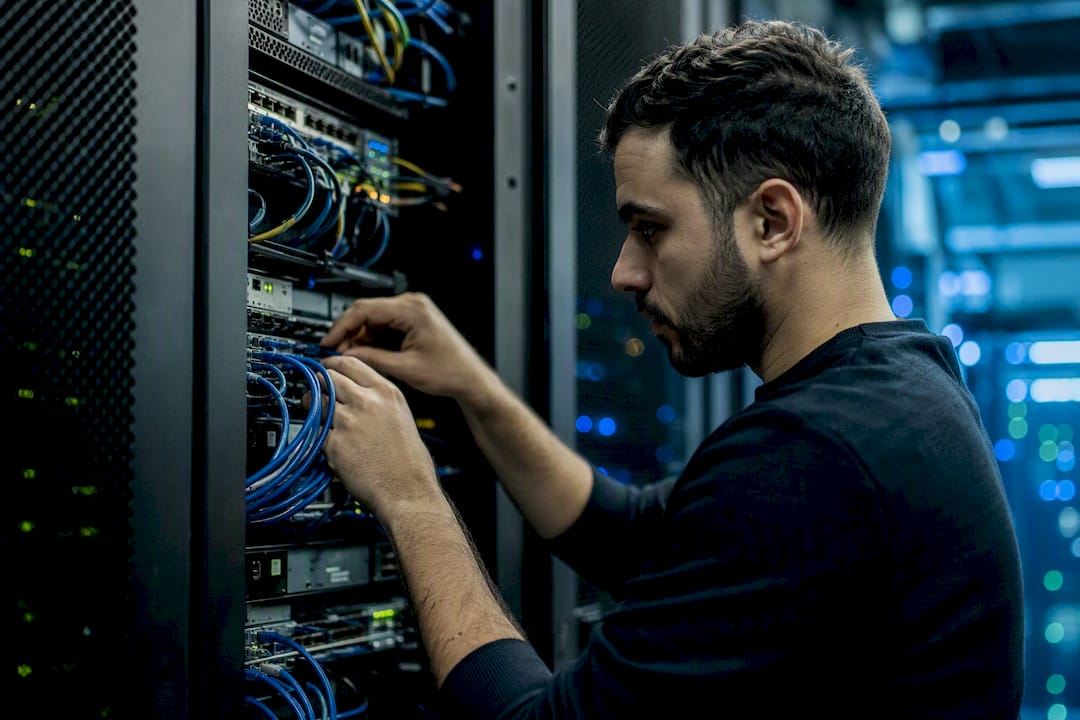 Hands connecting cable in server rack