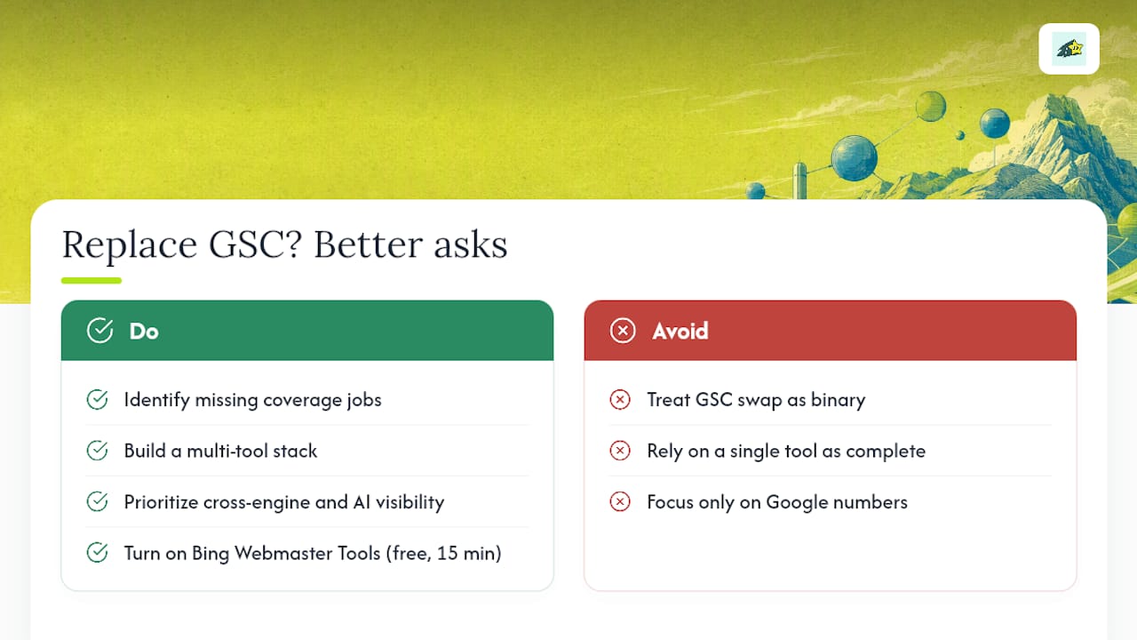 Diagram comparing single-tool SEO setups with a layered stack across Google, Bing and AI answer engines