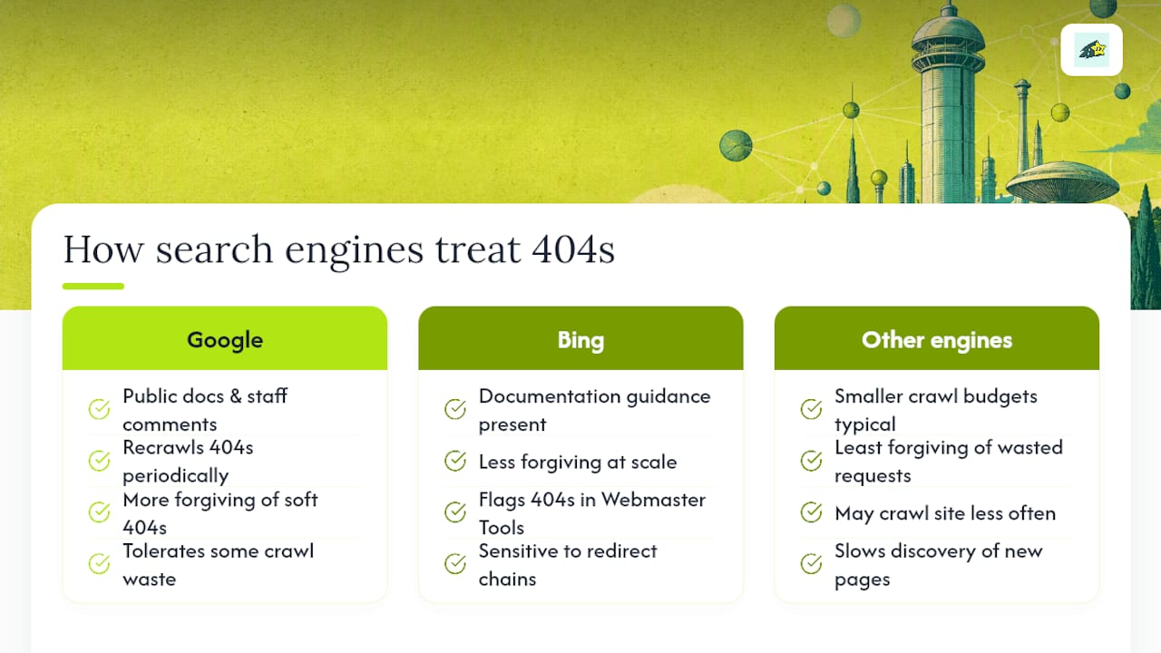 Do Google, Bing, and other search engines treat 404s the same way: overview diagram