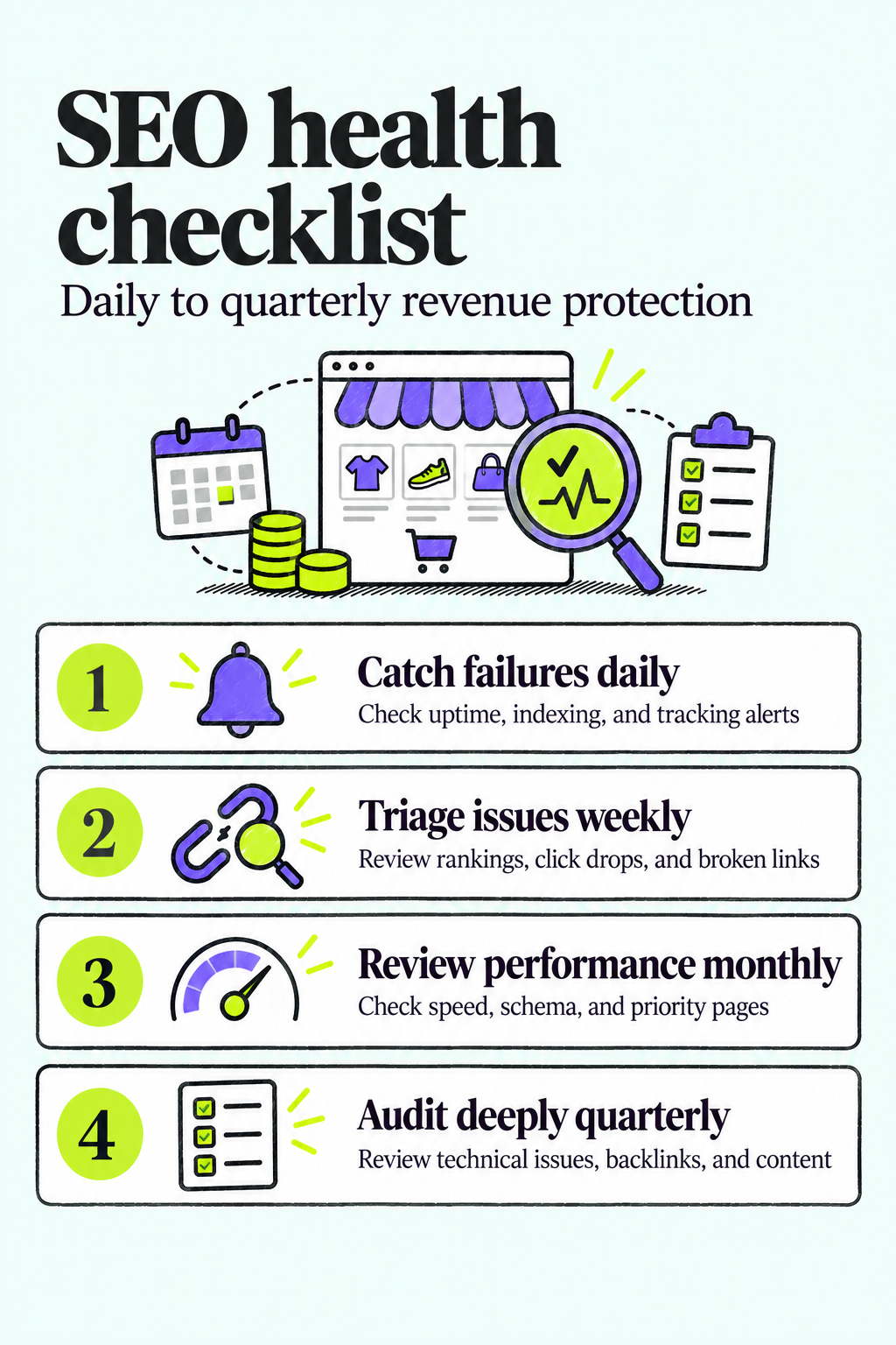 Daily to Quarterly SEO Health Checklist Protects Ecommerce Revenue