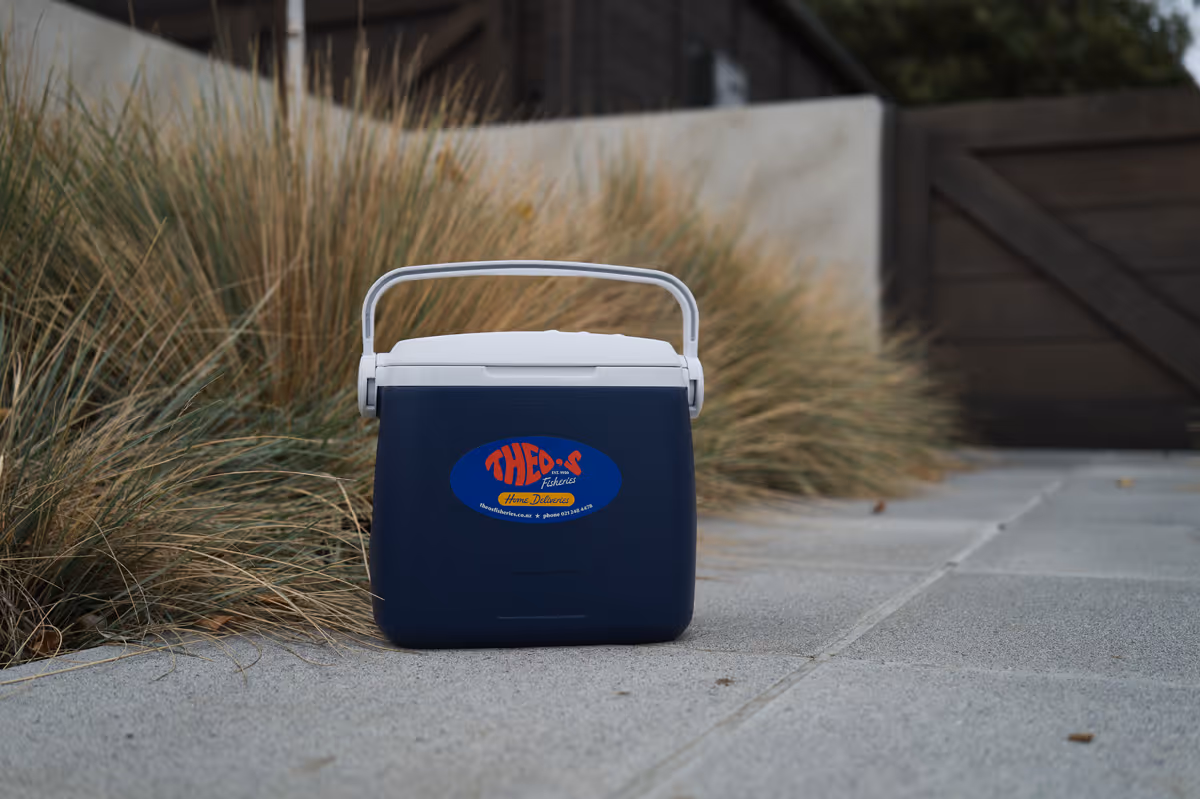 Blue and white cooler box with Theos Fisheries Home Delivery logo placed on a concrete pathway beside dried ornamental grasses.